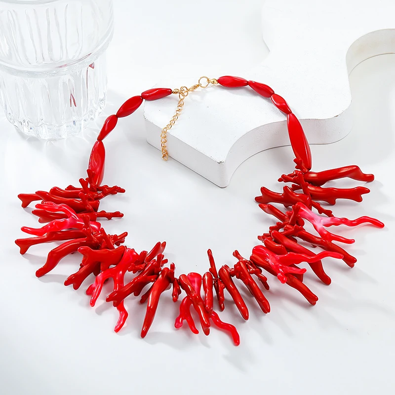 2Pcs Vintage Exaggerated Red Coral Necklace For Women Girls Fashion Boho Style Statement Retro Necklaces Fine Jewelry Gifts