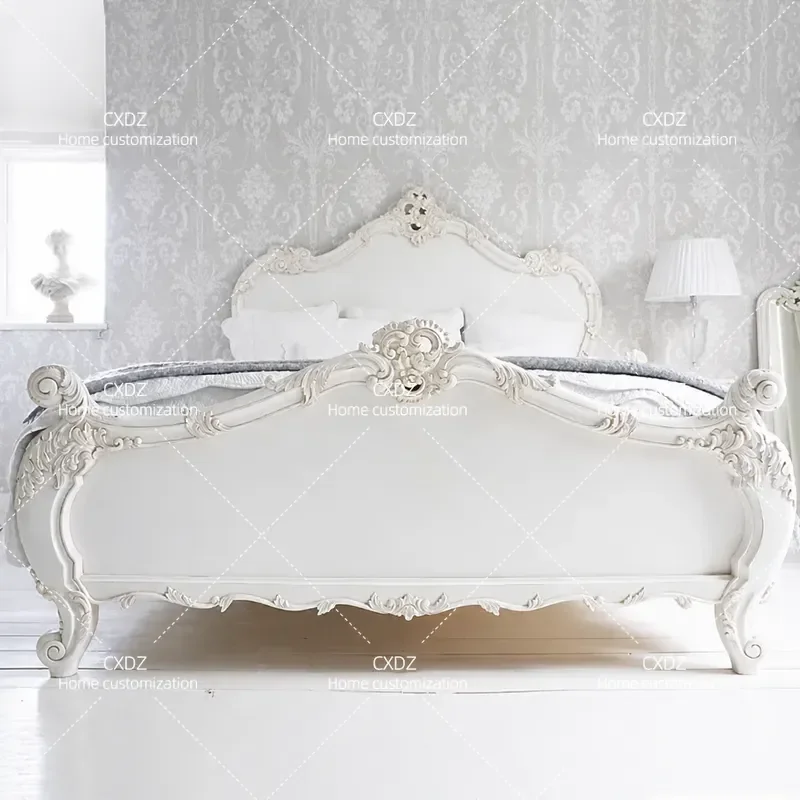 French Retro Solid Wood Bed White American Style Carved Double Bed 1.8m High End Furniture Customization