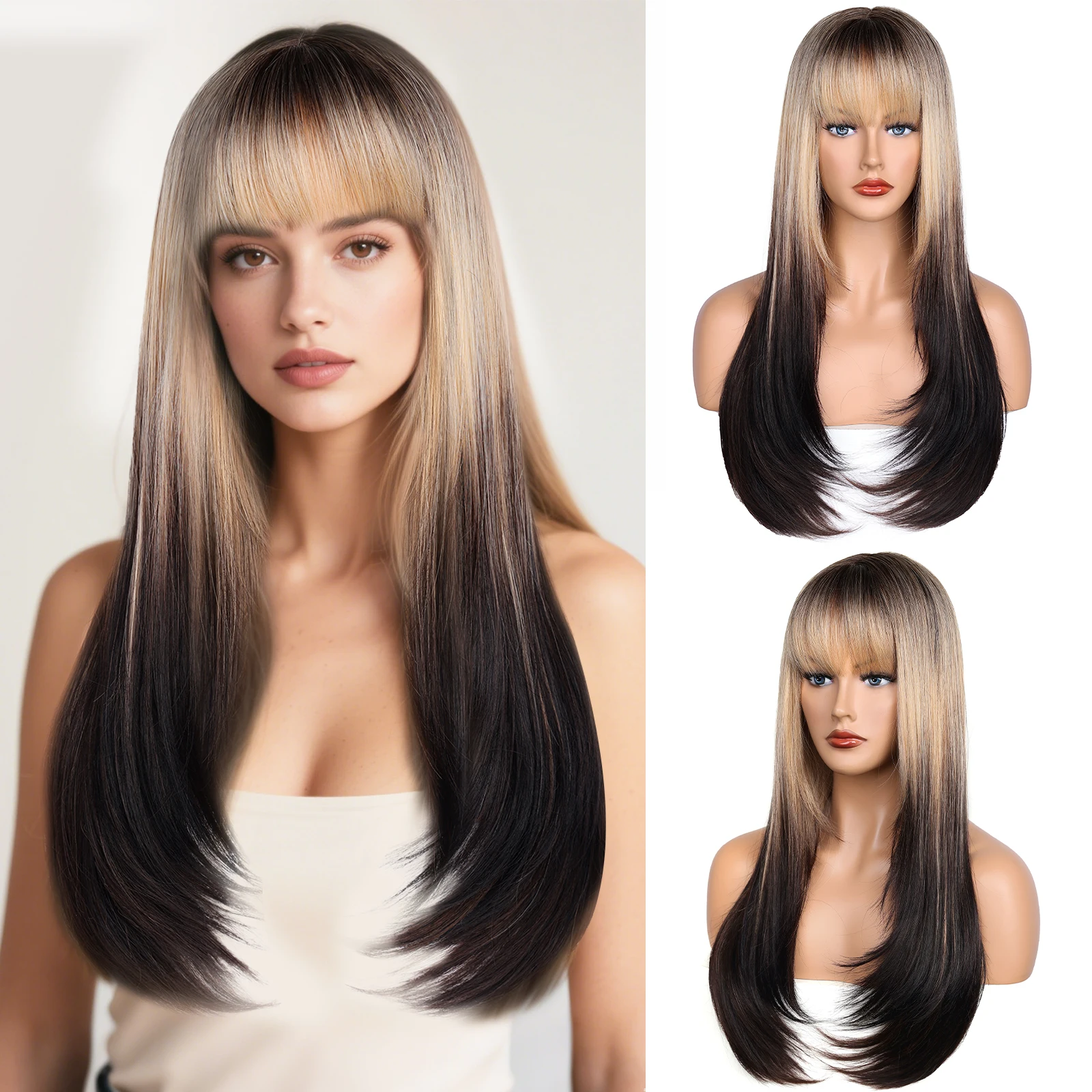 

Synthetic Multilayer Wig With Bangs Long Straight Wigs Heat Resistant Synthetic Hair Replacement For Women Daily Party Halloween