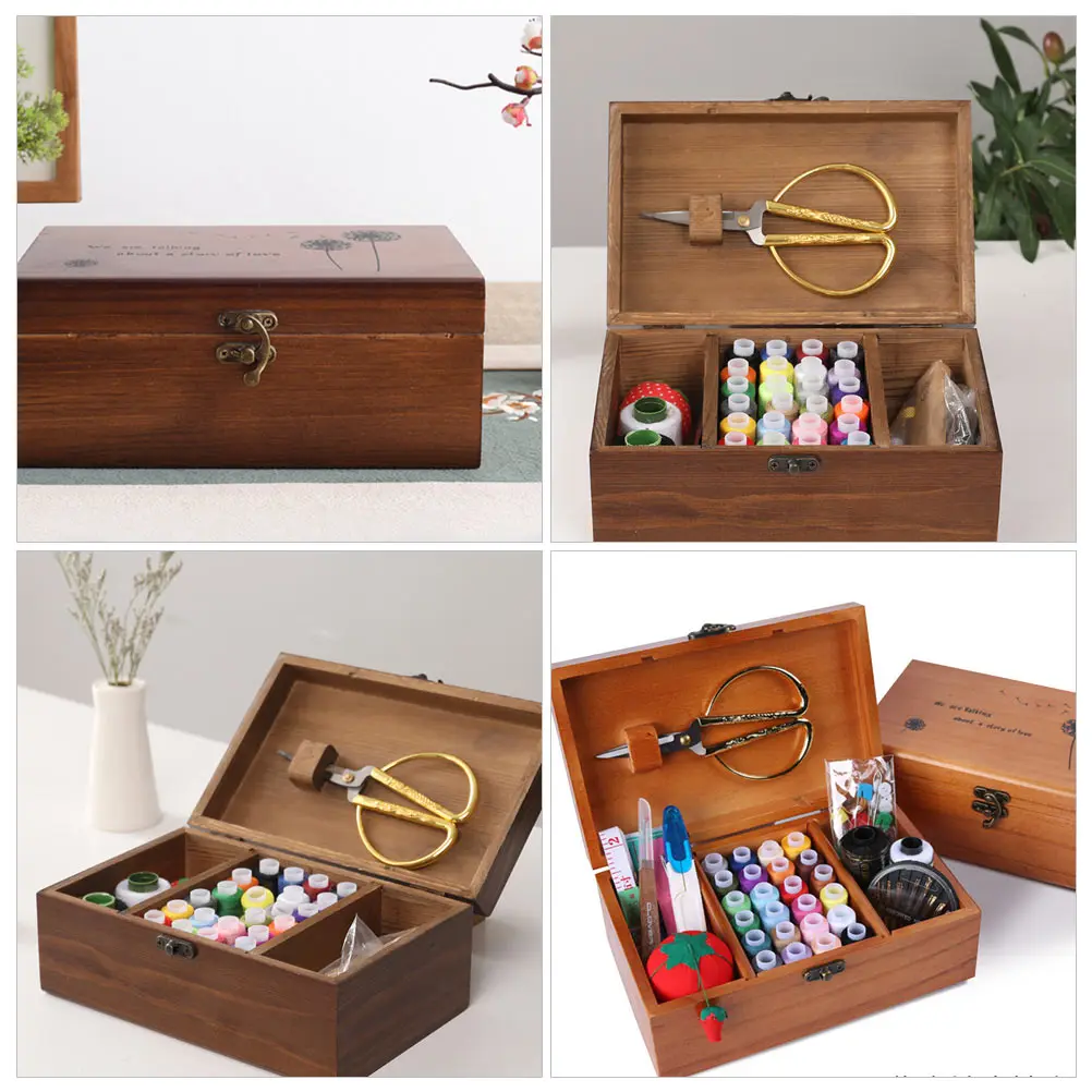 

1pc Solid Wood Sewing Storage Box Retro Engraved Metal Lock Home Sundries Organizer Natural Pine Container Durable for Needle