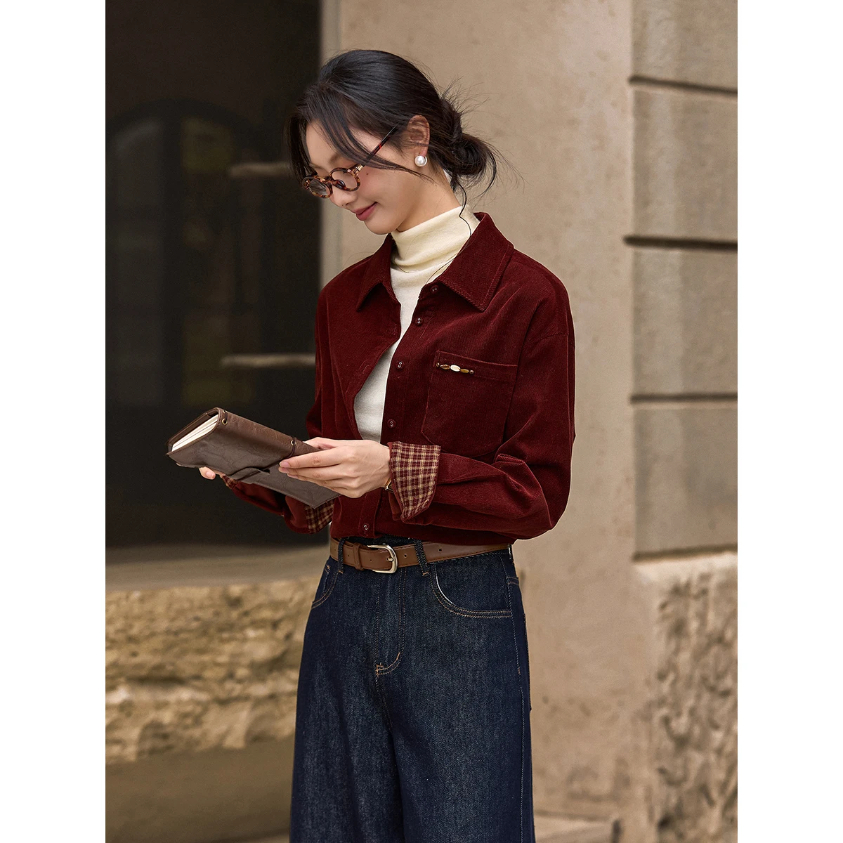 VIMLY 100% cotone camicie da donna 2025 inverno vintage giuntura plaid manica lunga Shacket donna moda bavero colletto cappotto allentato A3576