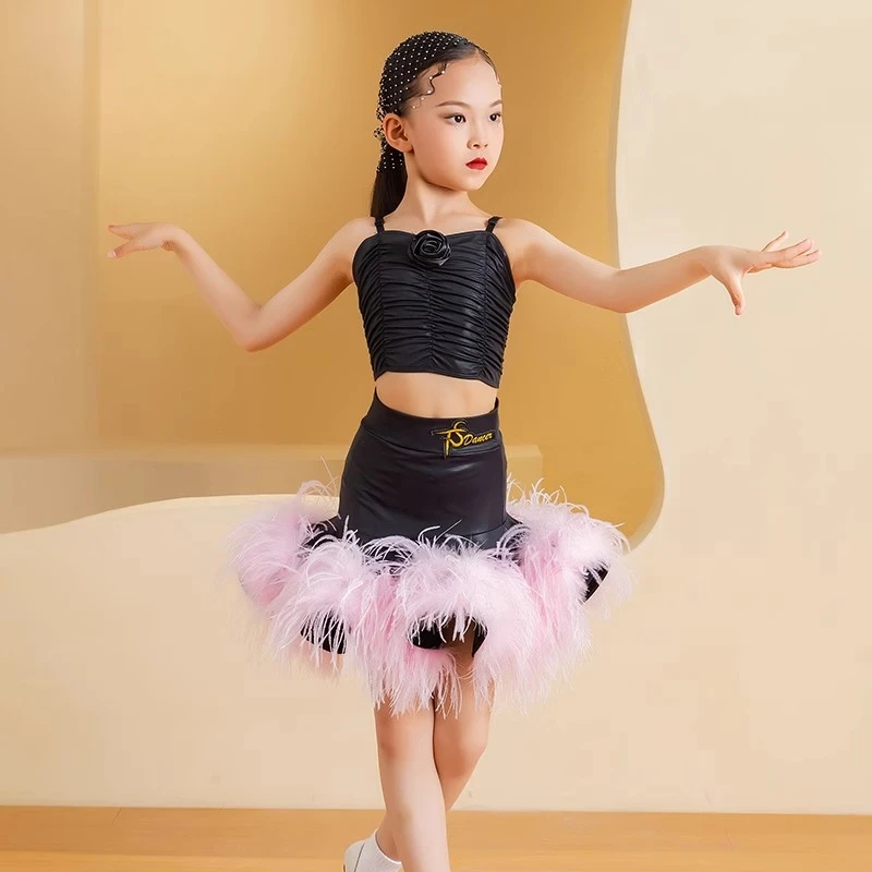 

High-end ostrich fur Latin dance high-gloss toner super elastic dance practice suit, performance suit, training class suit