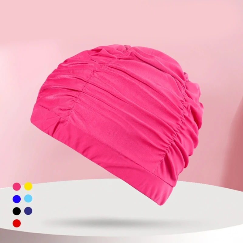 Fabric Swimming Caps for Women Man, Pleated Elastic Comfort Bathing Caps Keep Hairstyle Unchanged Nylon Cloth Swim Caps