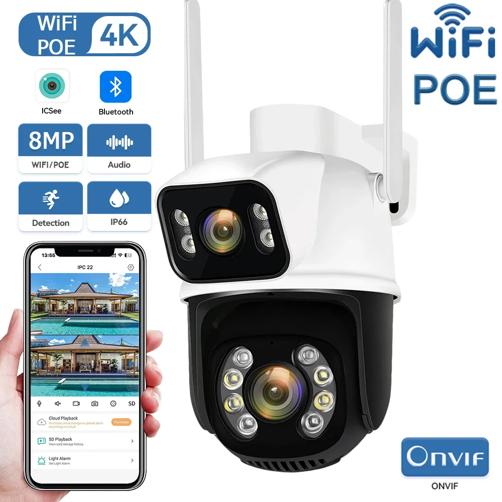 8MP 4K Dual Lens PTZ Camera POE WiFi Dual Screen Outdoor H.265 Night Vision Human Detect Two Way Audio Surveillance ICsee App