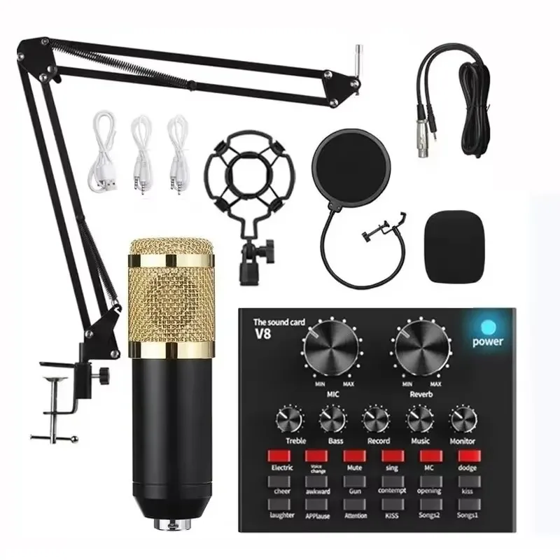 BM800 Condenser Microphone V8 Sound Card Live Kit with Suspension Stand for TikTok Online Program Broadcasting