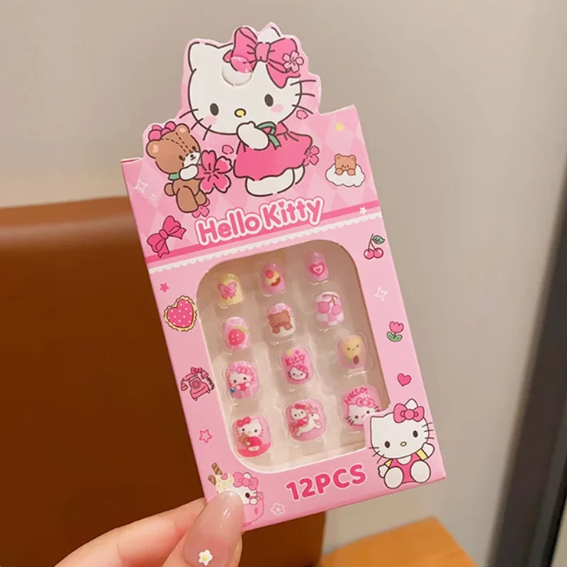 Sanrio Hello Kitty12Pcs Kuromi Melody Pochacco Kids False Nail 11-15Mm Cartoon Short Girl Fake Nail Tips Press On Nail Girl Tips