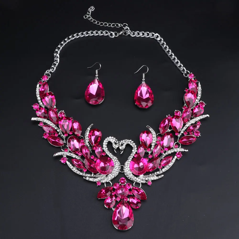 Rose Red Crystal Bridal Jewelry Set For Brides Swan Pendant Necklace Earrings Set Wedding Party Costume Accessories Women