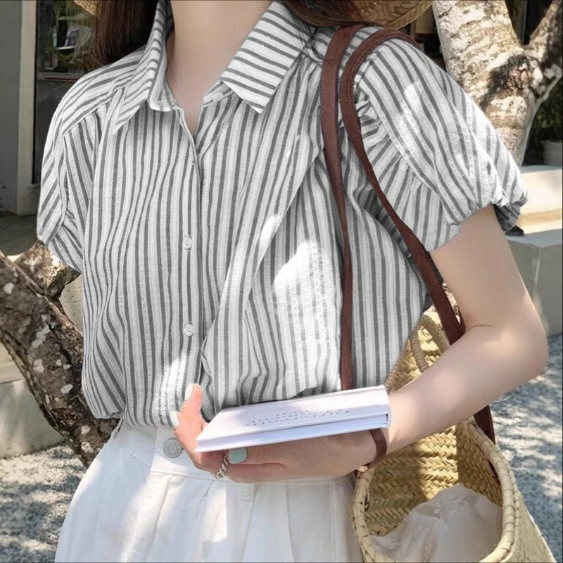 

VONDA Women Fashion Shirts Short Puff Sleeve Striped Elegant Office Blouse Summer Tops 2025 Lapel Casual Loose Blusas Femininas
