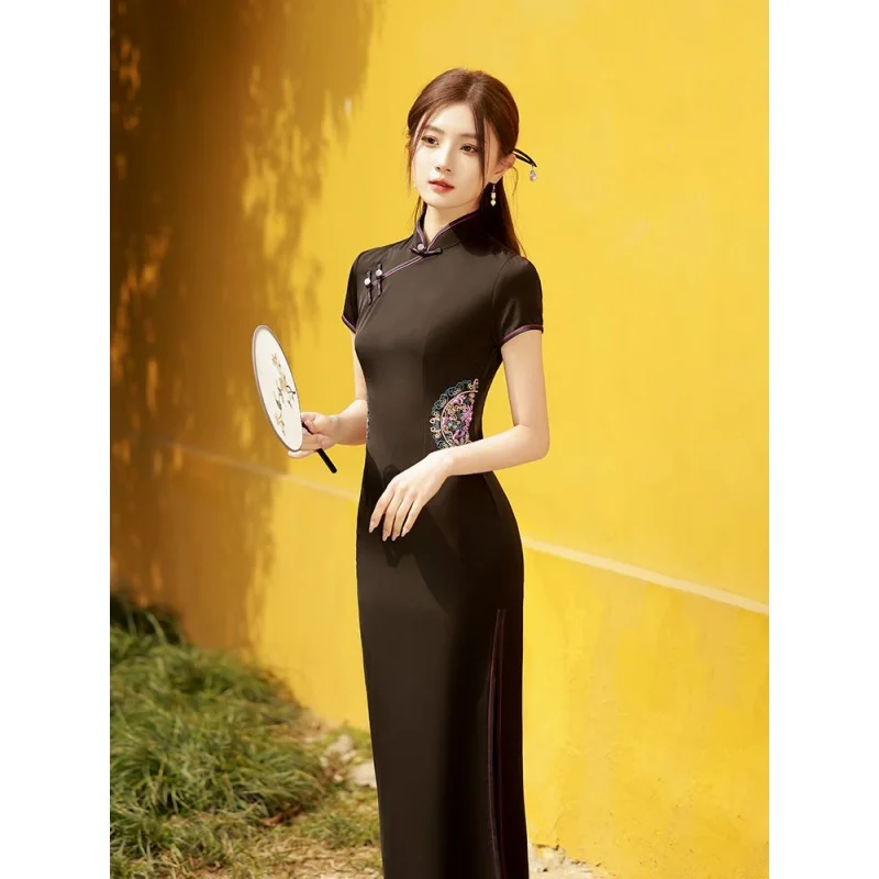 Yourqipao Silk Embroidered Long Cheongsam 2023 New Lace Edge Improved Qipao Chinese Style Evening Dresses Woman Ceremony Dress