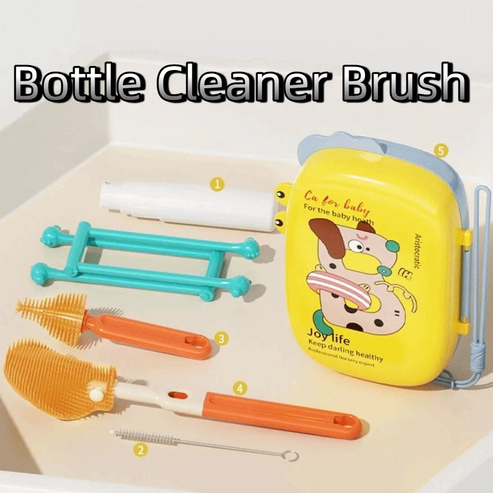 

5-in-1 Baby Bottle Brush Set Built-in Drain Rack Space Saving Nipple Straw Cleaning Brush Drying Rack Portable Cup Brush