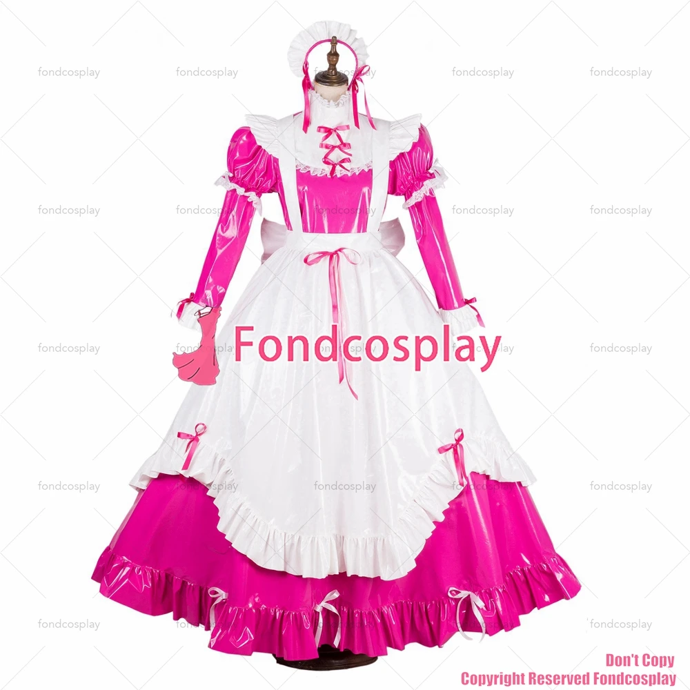 fondcosplay adult sexy cross dressing sissy maid long lockable hot pink thin PVC vinyl dress Uniform costume CD/TV[G1784]