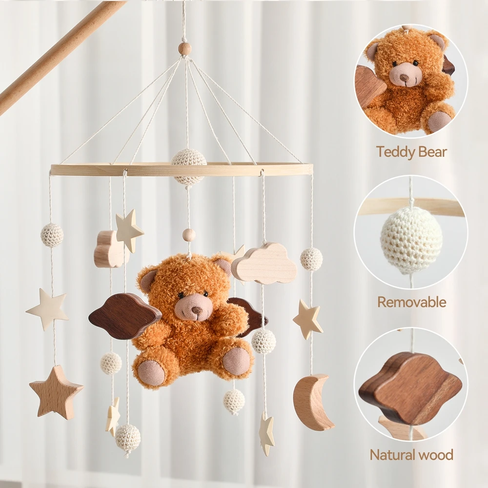 Berceau de bébé Mobile hochet en bois jouet cloche de lit Mobile suspendu velours ours en peluche poupée jouet nouveau-né boîte à musique berceau support Mobile cadeau