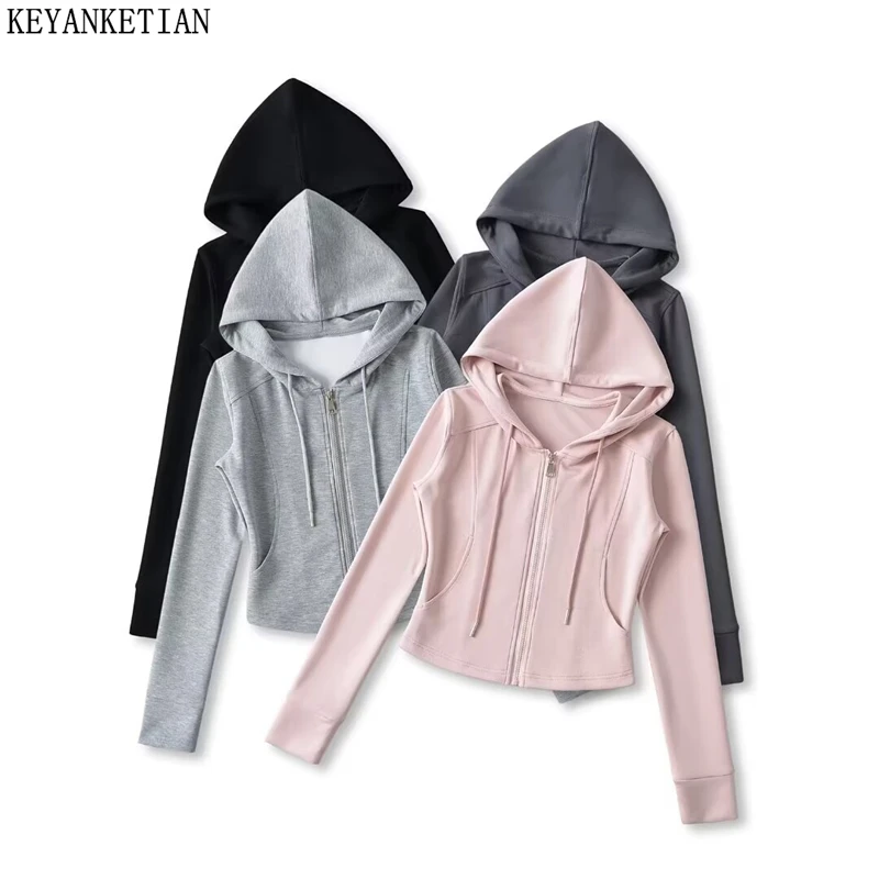 KEYANKETIAN 2024 Autumn Spicy Girl Zipper Drawstring Hoodies New Xshape Solid color Pockets Women's Sheath Short Sweatshirts Top