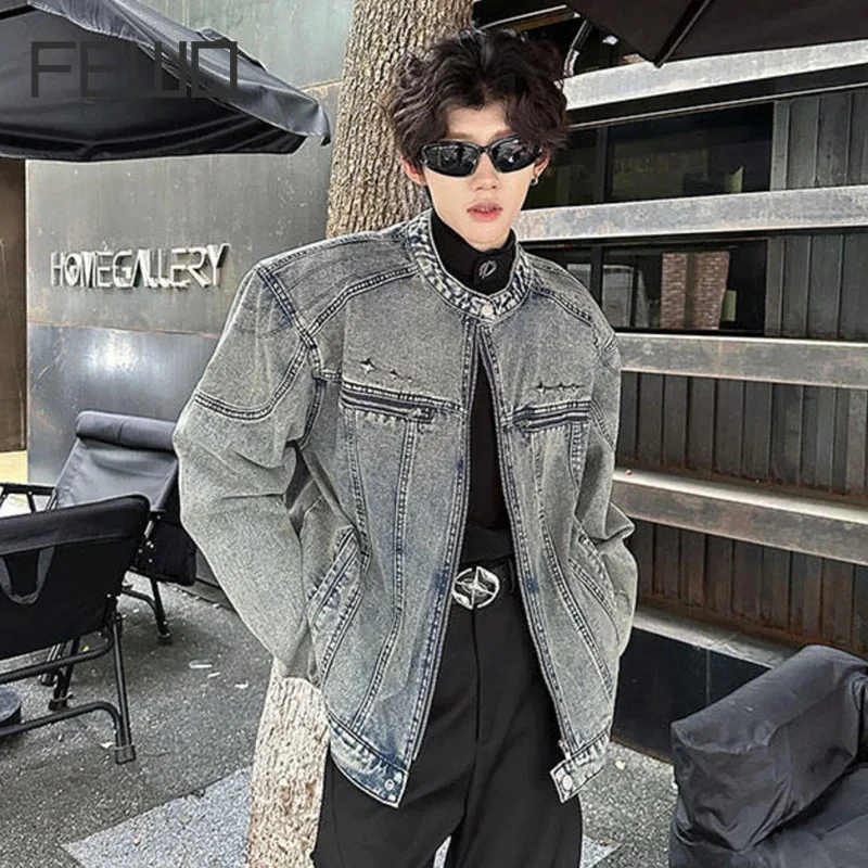 FEWQ Men's Denim Jackets Streetwear Zipper Patchwork Metal Design Shoulder Pads Loose Solid Color Male Short Coats Tide 12C1526