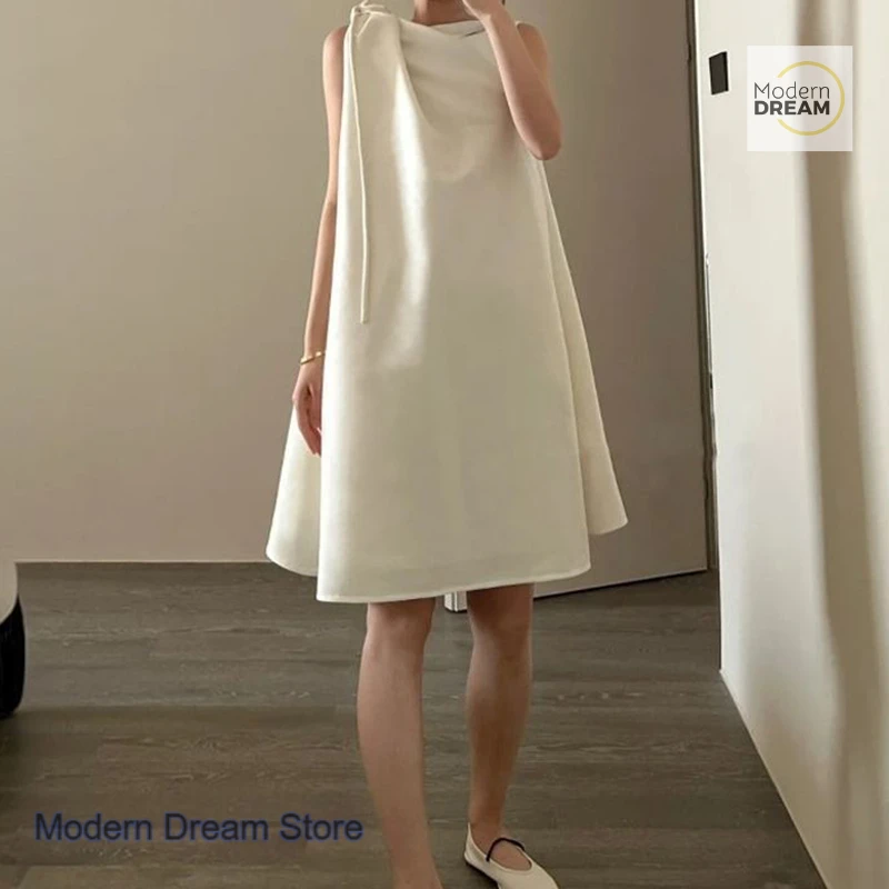 

French temperament bow princess dress women's spring and summer new fashion acetic acid satin silky drape sleeveless dress.