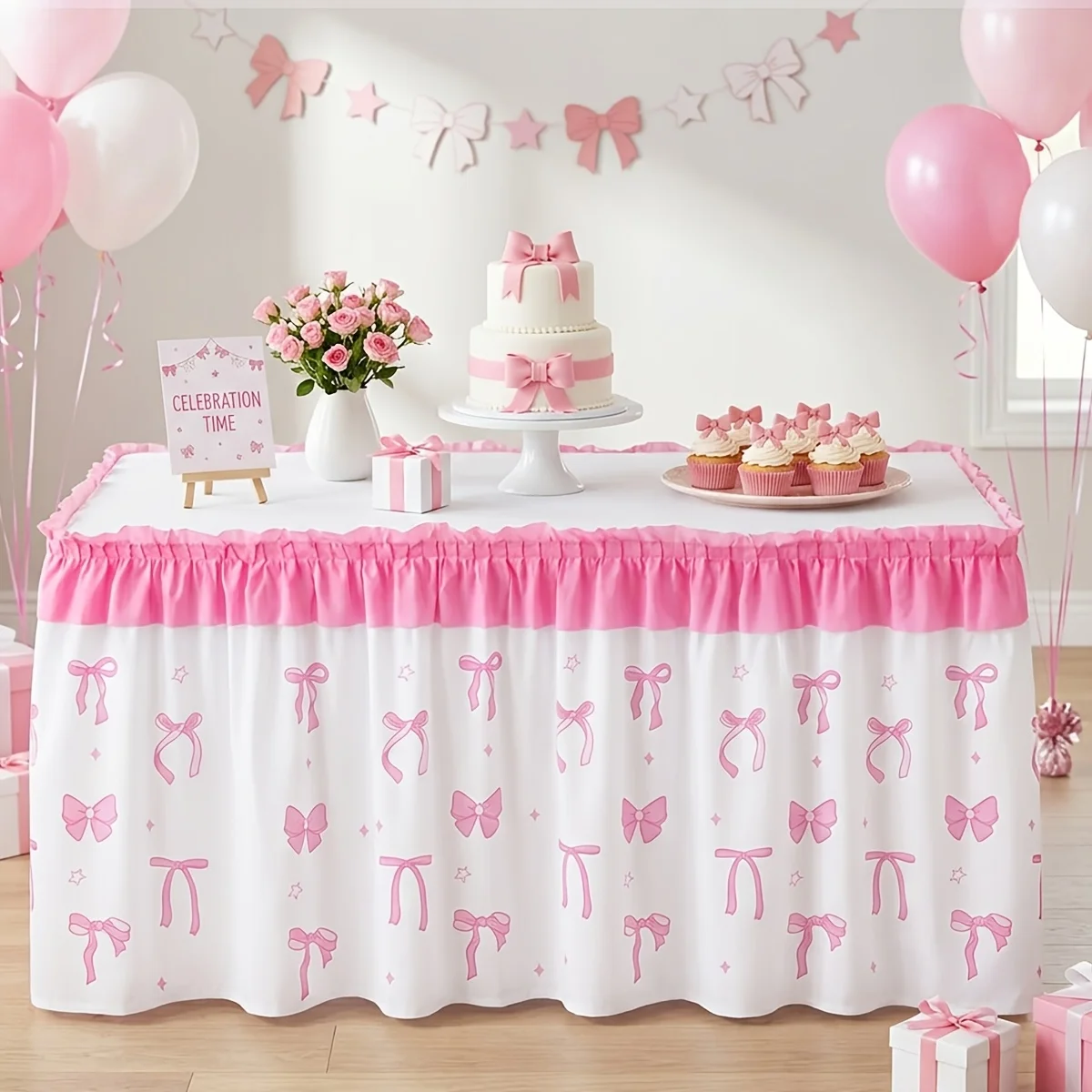 Elegant bowknot theme tablecloth with tablecloth, with a soft pink bowknot elastic design at the edge of the table.