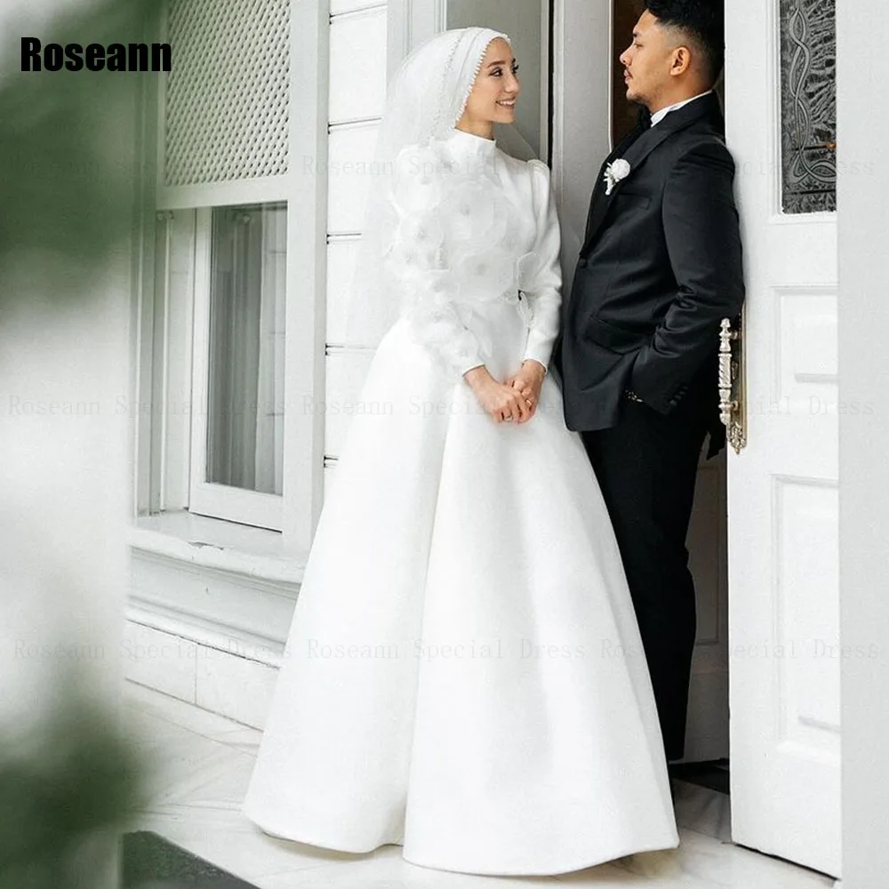 

Muslim A-line Wedding Dresses High Collar Pearls Applique Handmade Flower Floor Length Bride Dress Brush Train robe de mariée