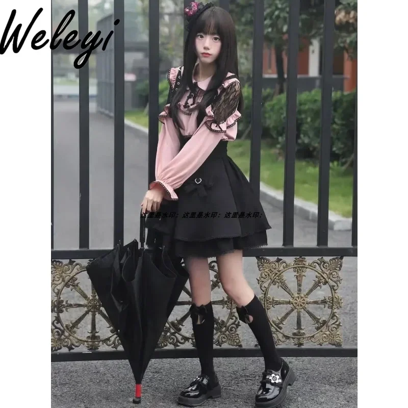 Jirai Kei Lolita Womens Two Peice Sets Cute Japanese Mass Production Mine Tie Bow A Word Strap Skirts Kawaii Long Sleeves Shirts