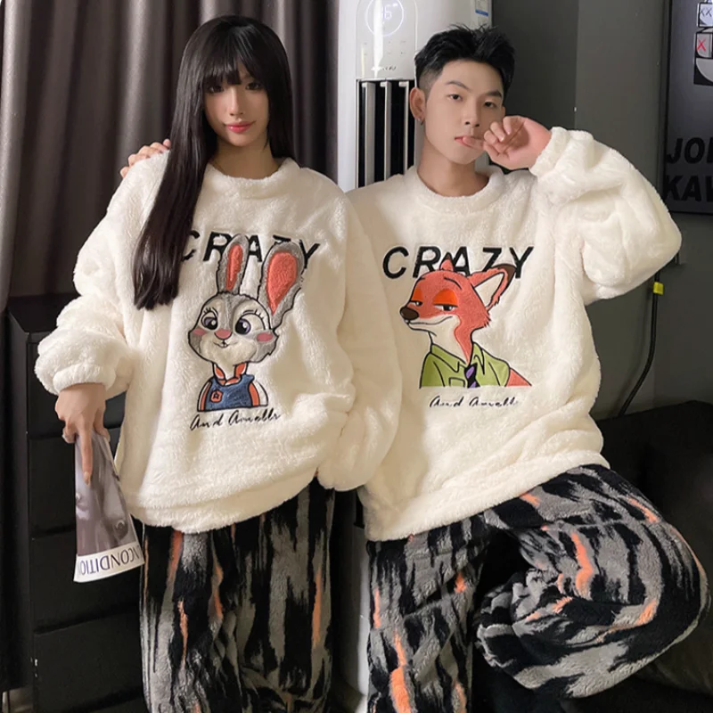 Cartoon Disney couple pajamas winter knitted men's/women's long-sleeved trousers casual two-piece loungewear women's pajamas set