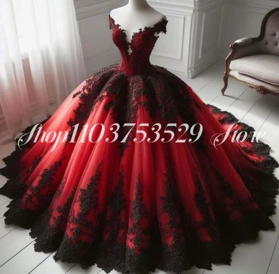 Fantasie gotische zwarte en rode trouwjurken Elegant korset Geborduurde applicaties Aangepaste zuidelijke maskerade hochzeitspartykleid