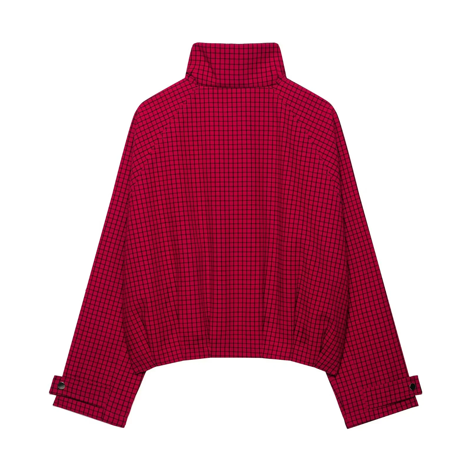 HH Damen Vintage Dünne Karierte Stehkragenjacke Y2K-Stil Lose Doppeltaschen Rote Oberbekleidung Frühling Herbst Mode Streetwear – Detail 3