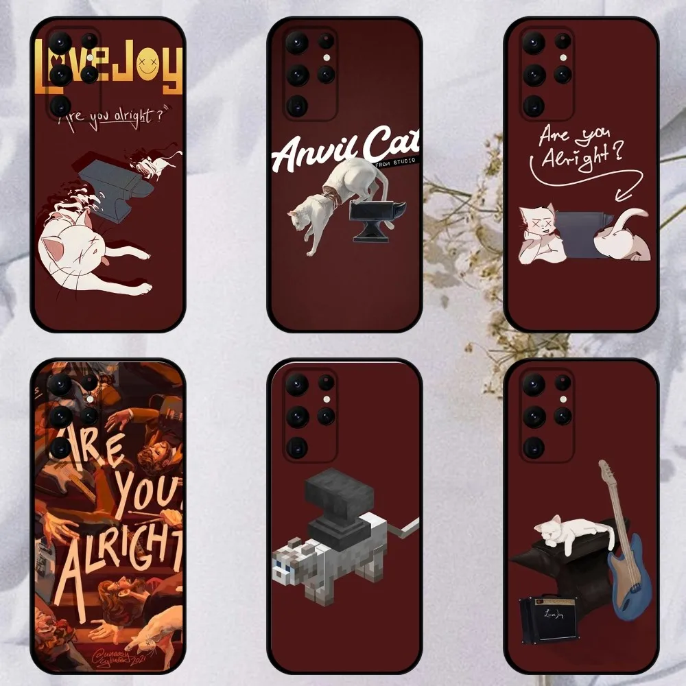 Lovejoy Cat Are You Alright Phone Case For Samsung S23,23,22,30,21,10,9,Note20 Ultra,Lite,Ultra,5G,Plus,FE,Black Soft Case