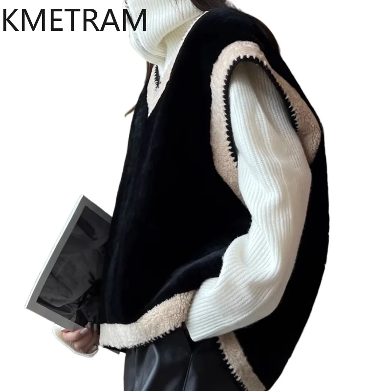 KMETRAM Real Merino Wool Sheepskin Fur Outerwears Black Vest Top Women Coats for Woman Winter 2025 nouveautés manteaux et vestes