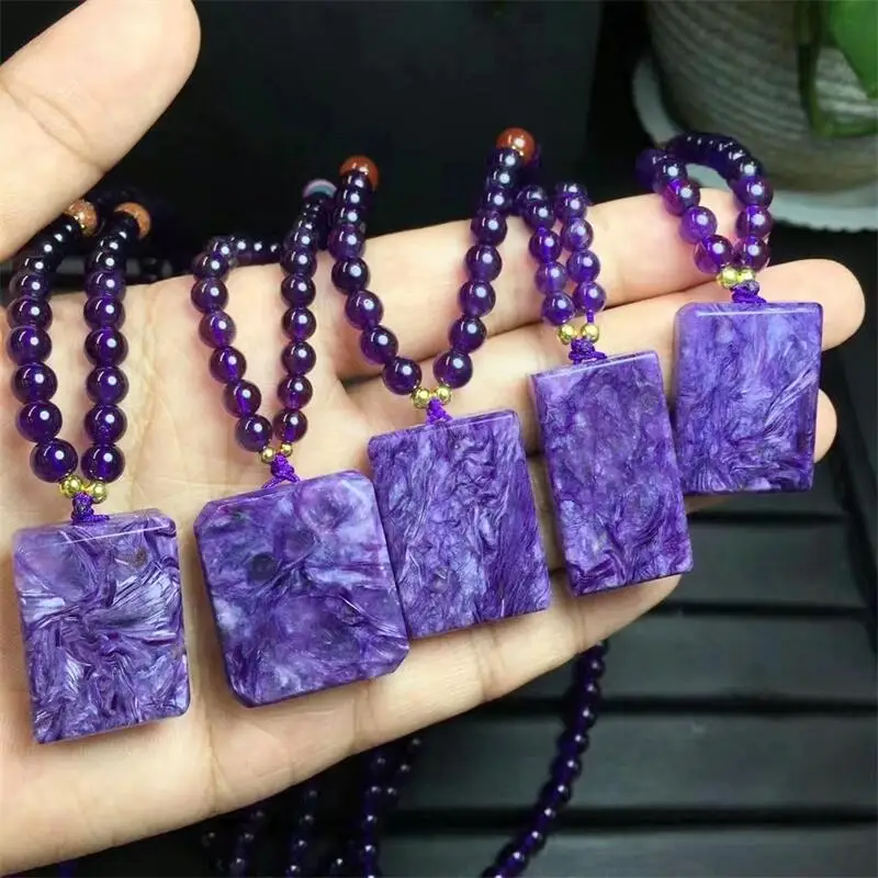 Natural Charoite Square Pendant Fashion Reiki Healing Fengshui Stone Crystal Jewelry Holiday Gift 28-30MM