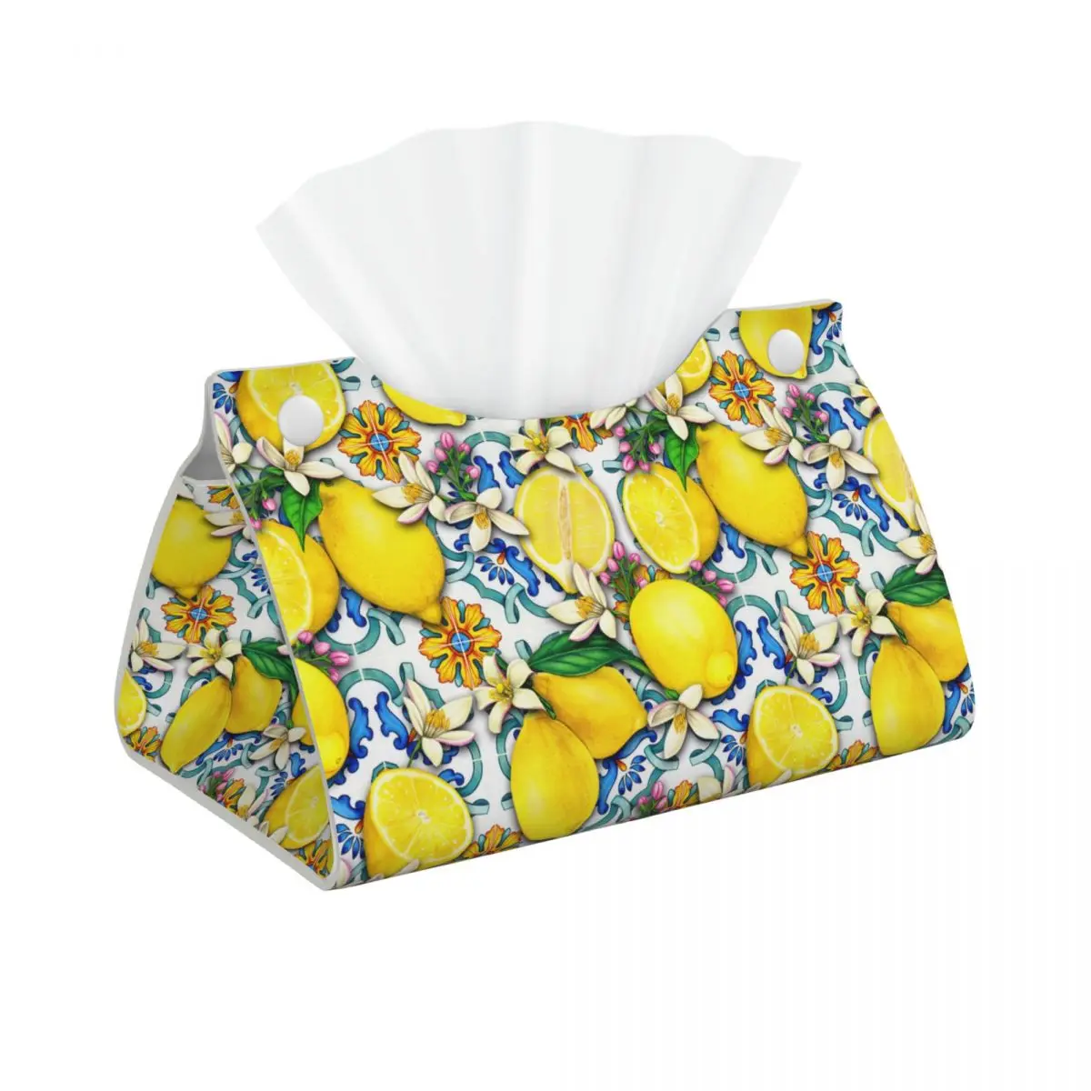 Custom Mediterranean Lemons Tiles Tissue Box Cover PU Leather Rectangular Facial Tissue Box Holder for Bathroom Home