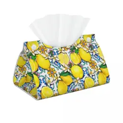 Custom Mediterranean Lemons Tiles Tissue Box Cover PU Leather Rectangular Facial Tissue Box Holder for Bathroom Home