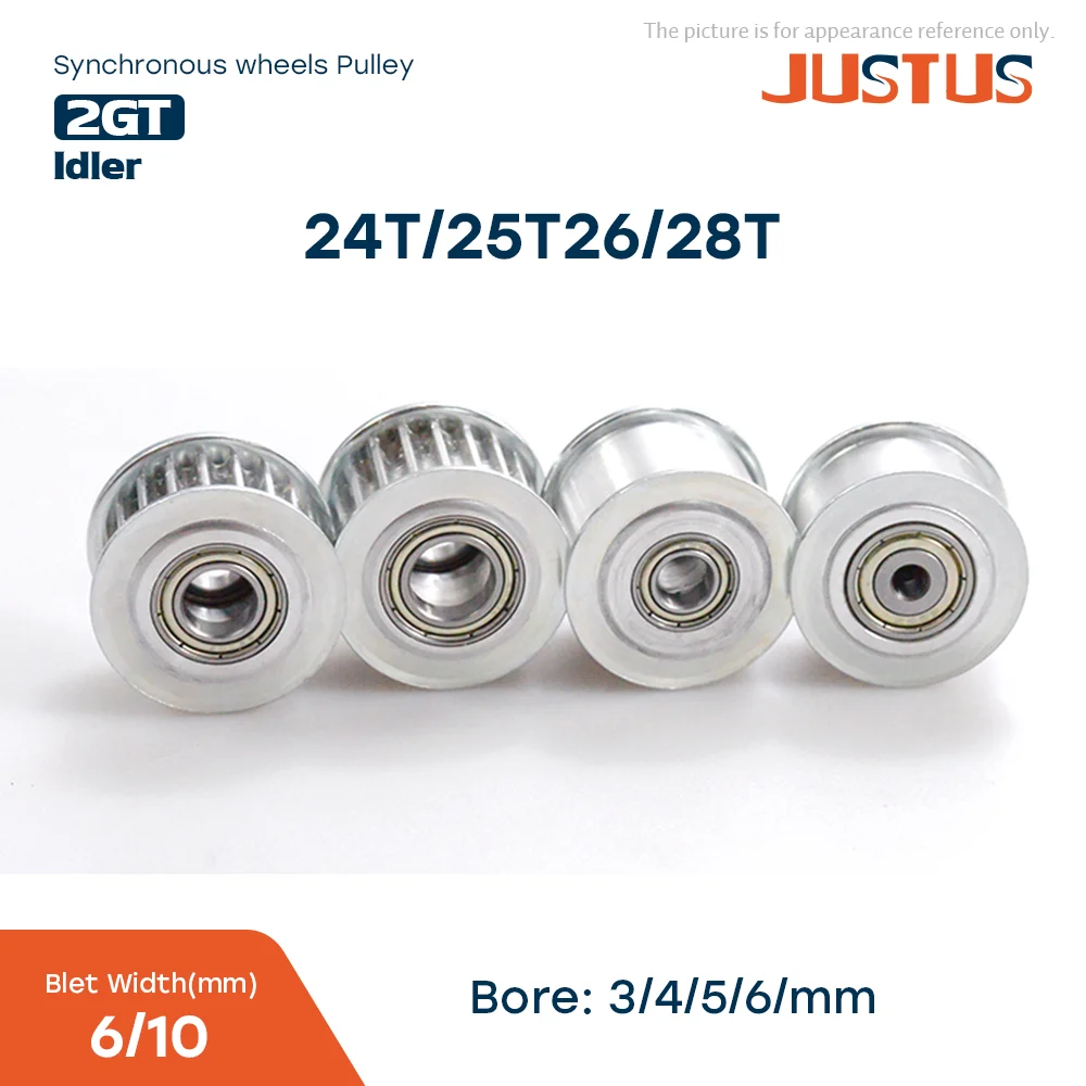 

GT2 2GT 24T/25T/26T/28T Teeth Synchronous Timing Idler Pulley Bore 3/4/5/6mm With Bearing For 6/10mmBelt 3D Printer Accessories