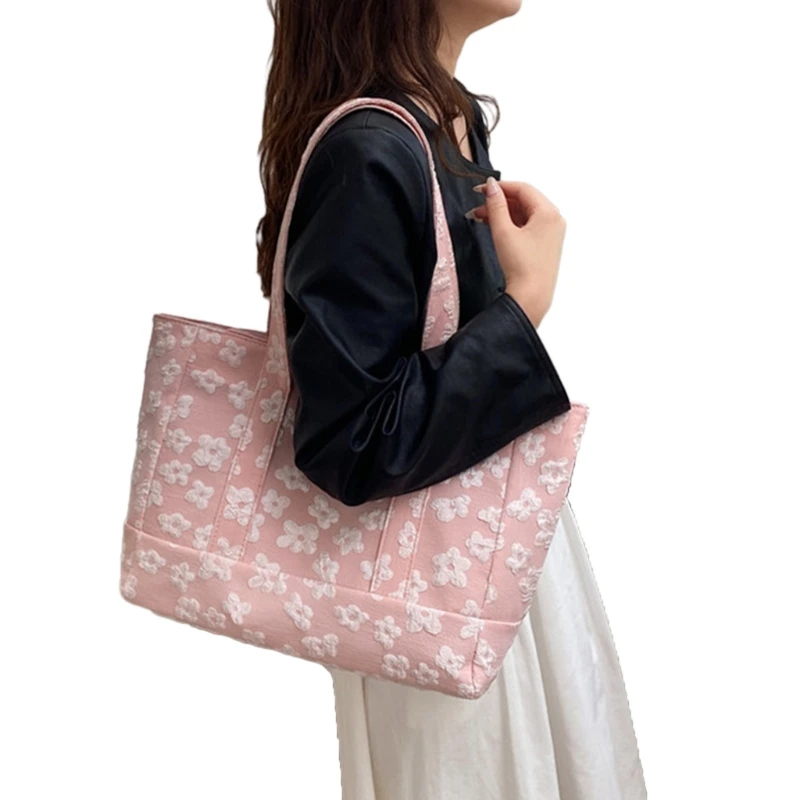 Trendy Flower Embroidered Tote Shoulder Bag with Large Capacity for School and Work 066F