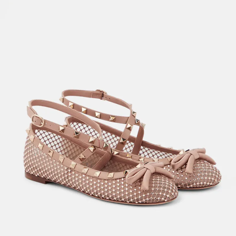Women Mesh Rhinestone Ballet Flats Studded Bow Ankle Strap Round Toe Slip-On Casual Party Dress Shoes