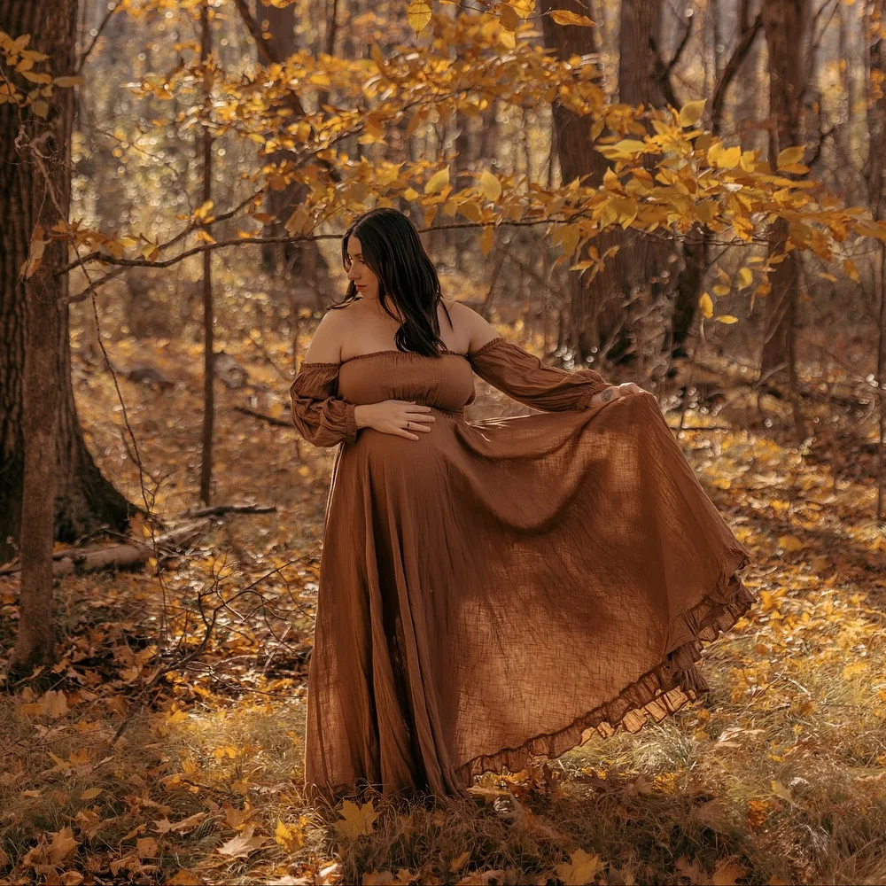 البوهيمي صور اطلاق النار فستان الحمل لينة الكتان القطن قبالة الكتف مطوي حافة فستان النساء الحوامل التصوير فستان #1