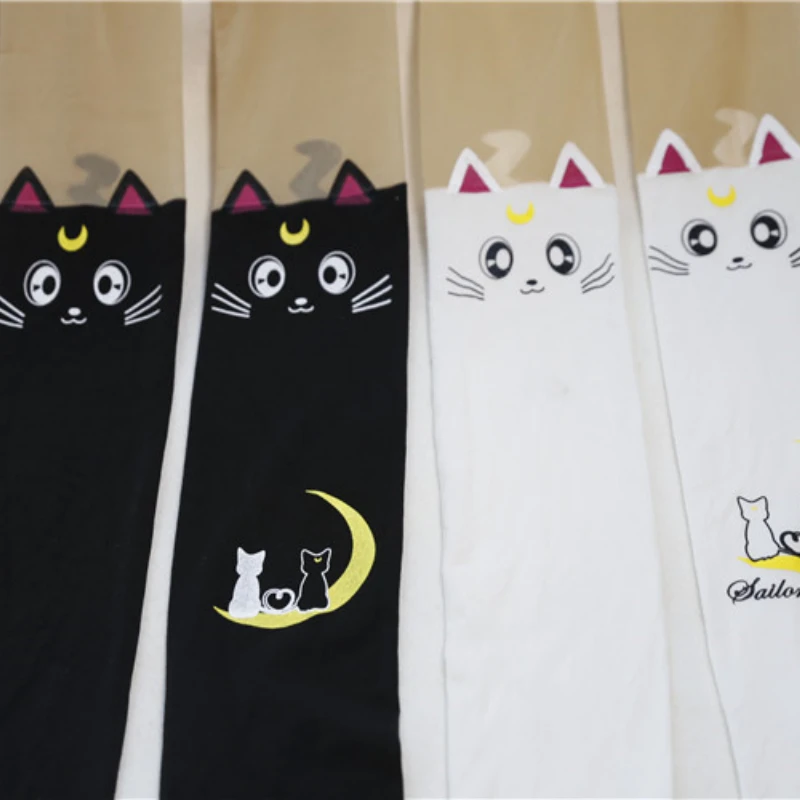 Anime Sailor Moon skarpetki przebranie na karnawał Luna kot nadruk kreskówkowy pończochy rajstopy rajstopy pończochy czarno-białe
