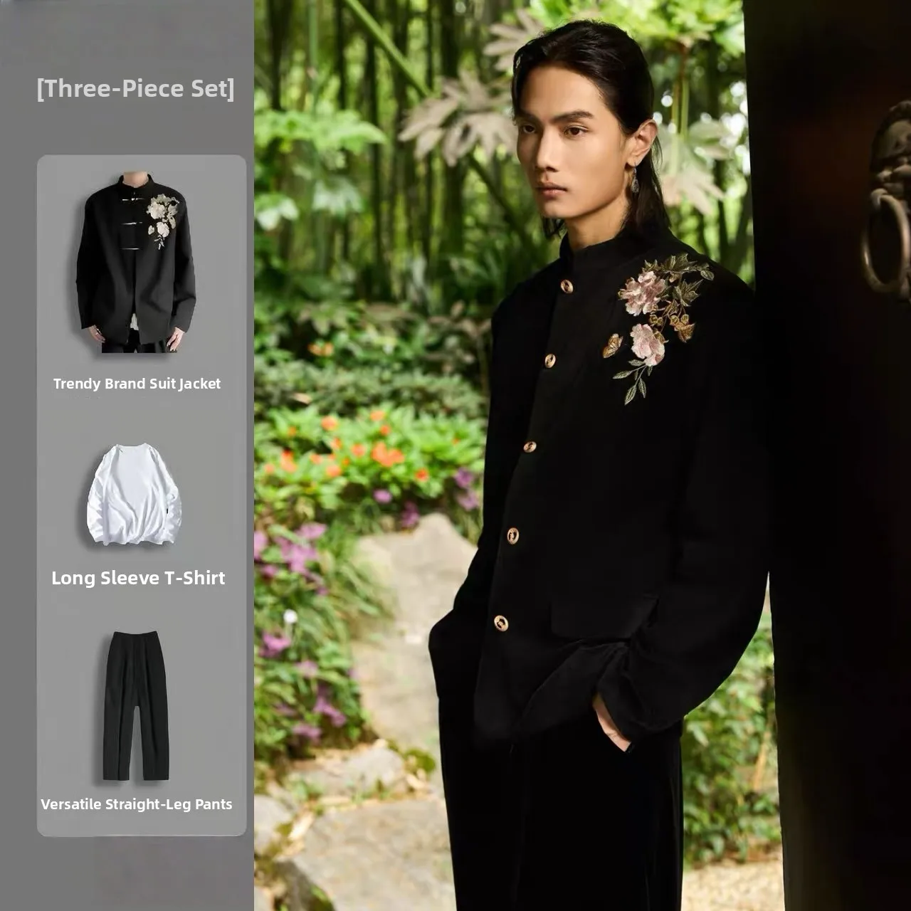 

New Chinese Sle Peony Floral Embroidery Stand Collar Suit Jaet Men's Casual Wedding Celebration Long Sve Outerwear