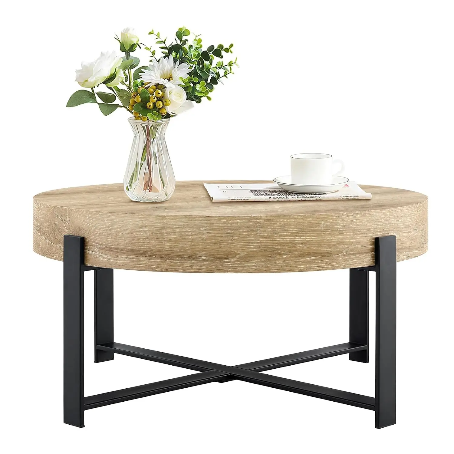 Round Wood Coffee Table Modern Rustic Living Room Circular Wooden Center Metal Legs Apartment Office Small Space, Customized