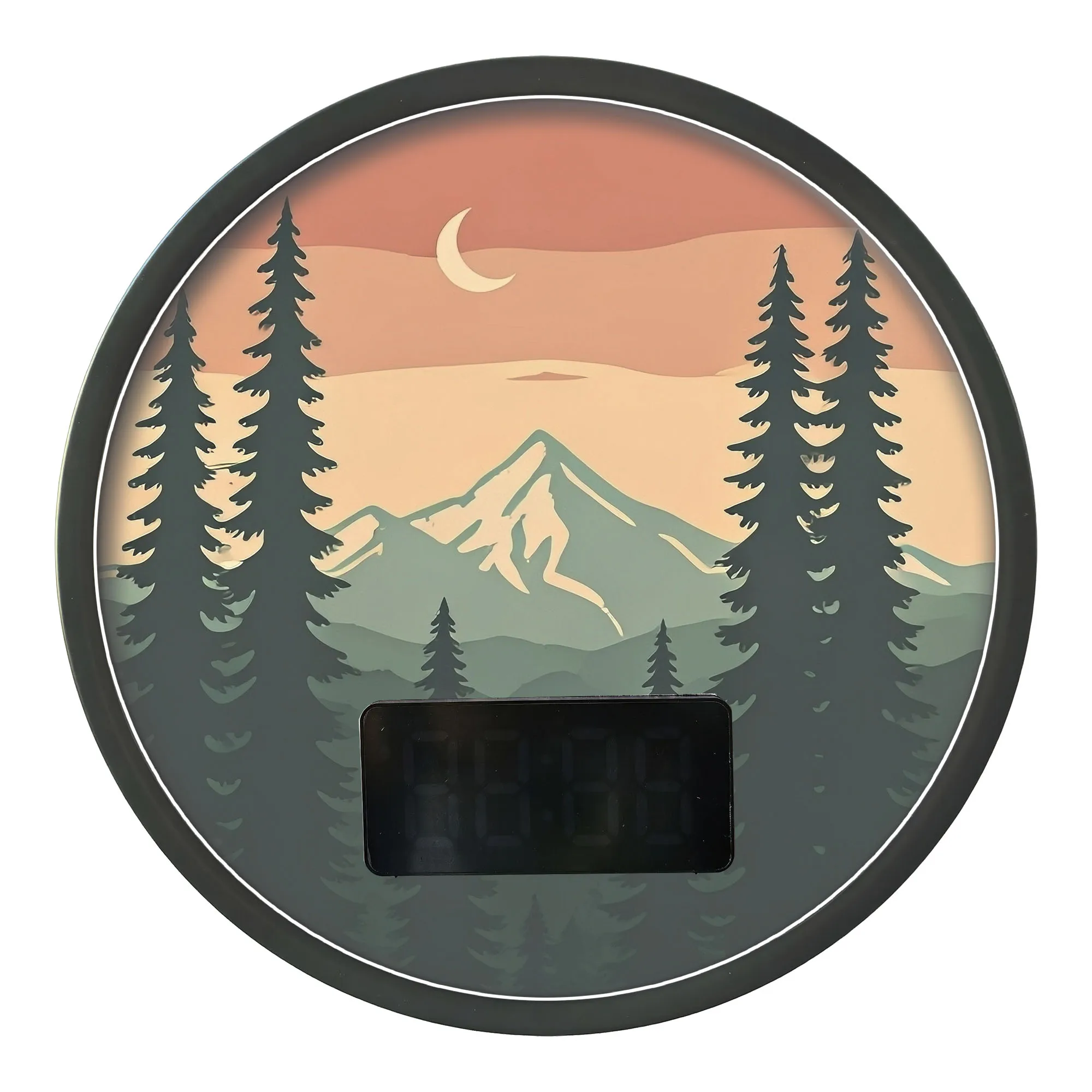 Mountain Pine Forest Crescent Moon LED Digital Wall Clock with Temperature Calendar Date Outdoor Nature Art Illuminated Clock