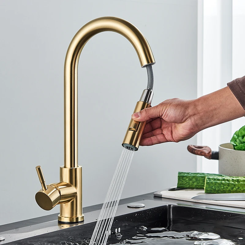 Pull-out Faucet for Kitchen Sink, Water Tap, Single Handle Mixer Tap, 360 Rotation, Brushed Gold, Kitchen Shower