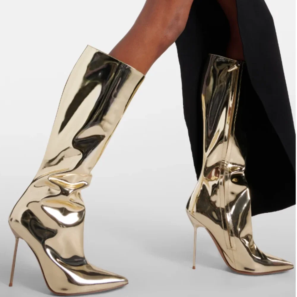 

Shiny Patent Leather Pointed Toe Knee High Boots Sexy Pointed Toe Thin Heels Accept Customized New Arrivals Fashion Women Boots