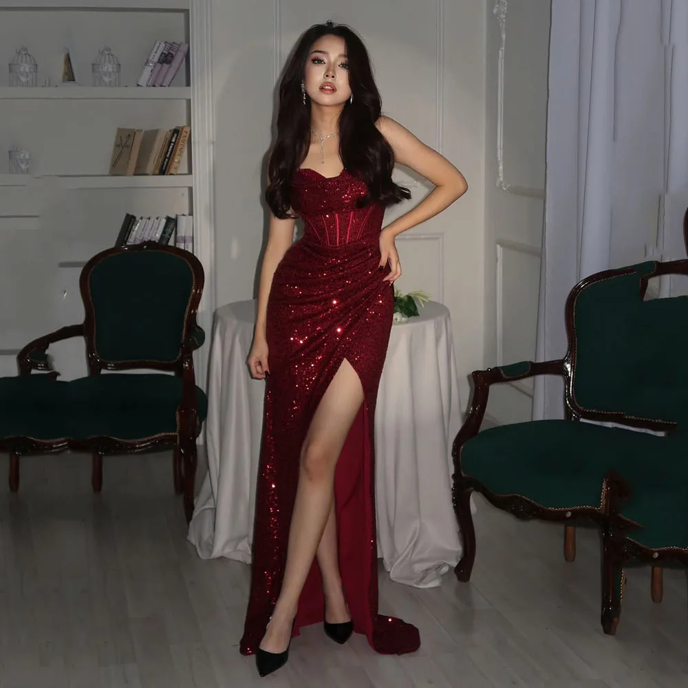 

Msikoods 2025 Sequin Corset Slit Strapless Prom Dress Wine Red Formal Dress Bodycon Party Dress Glitter Evening Dress Customized