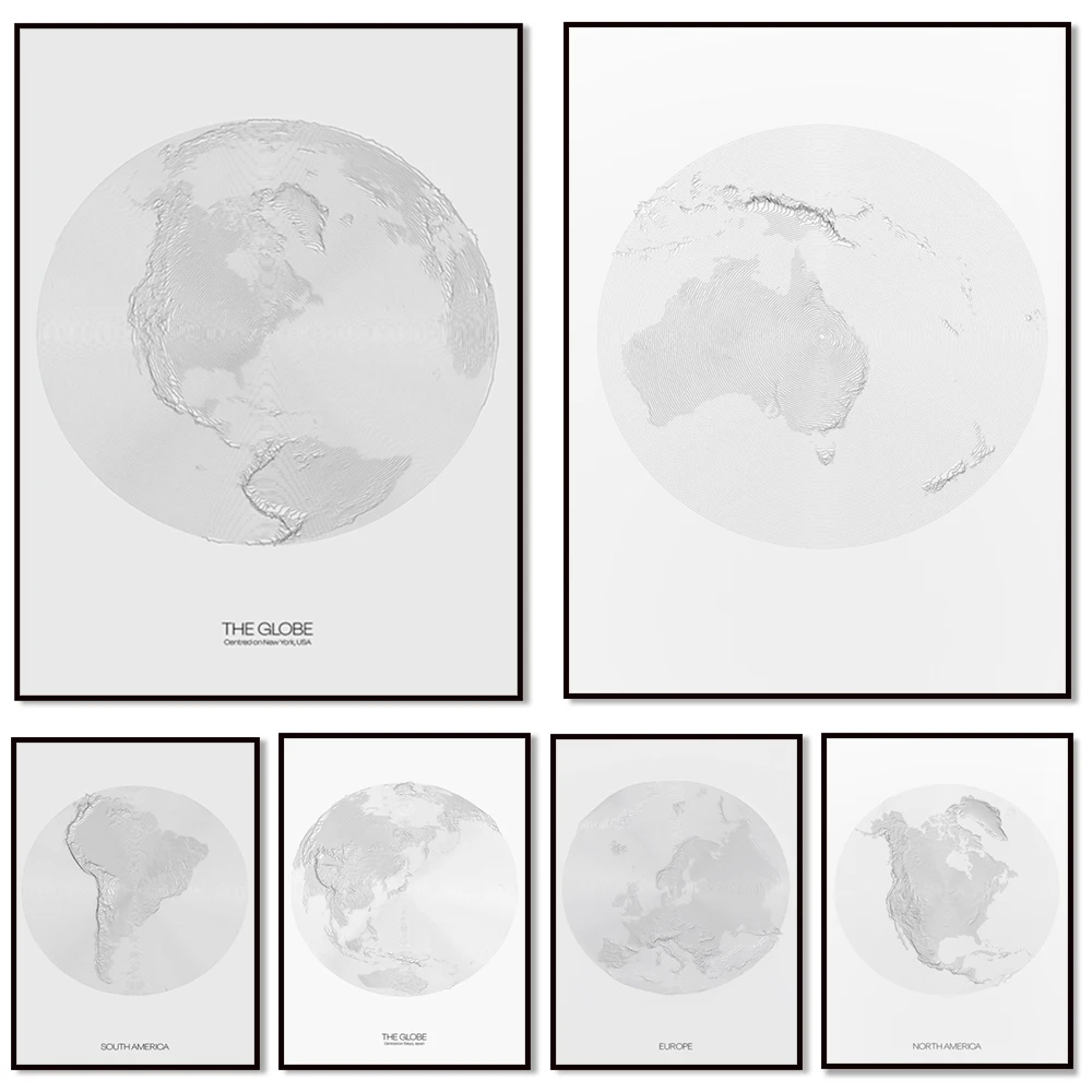 

New York, Tokyo Center Globe, Africa, Europe, North America, Oceania, Japan, South America Spiral Topographic Profile Map Poster