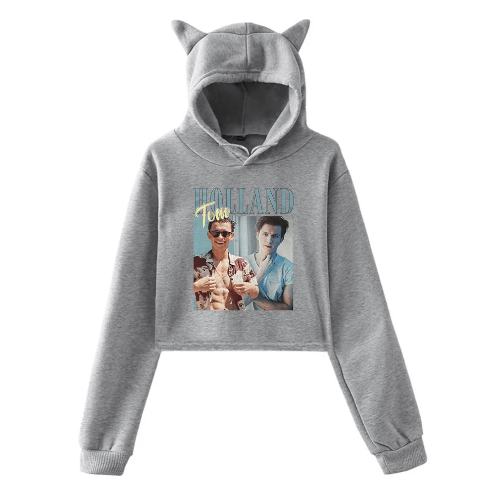 Tom Holland Inspiring Rap Hip Hop Pullover Cat Ears Hoodie Long Sleeve Sweatshirts Female Cropped Top Women's Clothes