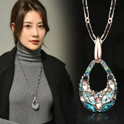 French Retro Rhinestone Statement Water Drop Long Necklace for Women Baroque Crystal Sweater Necklaces & Pendants Jewelry