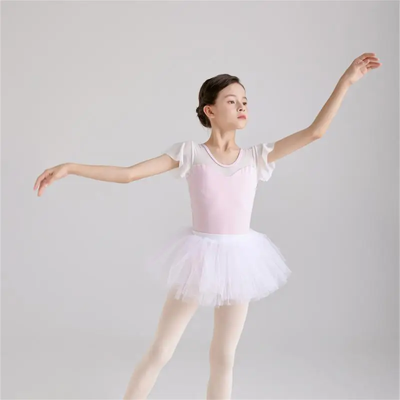 Fashion High Quality Kids Girls Children Child Dance Practice Wear Soft Cotton Spandex Mesh Sleeve Ballet Leotards with lining