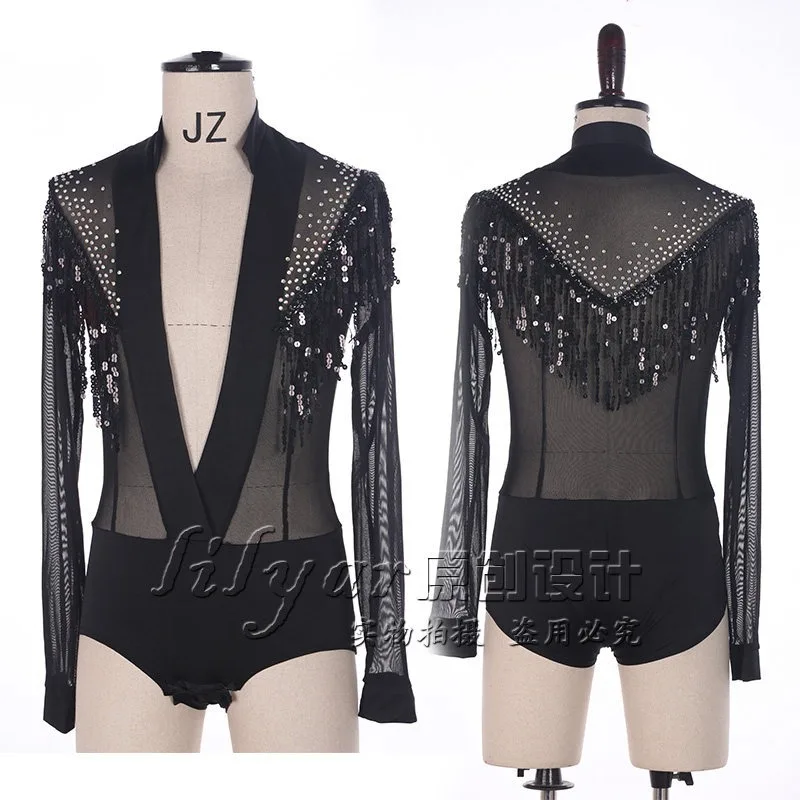 

Customized Men's Latin Dance Top Ballroom Dance Long Sleeved T-shirt Adult Black V-neck Square Dance Practice Uniform NZ052