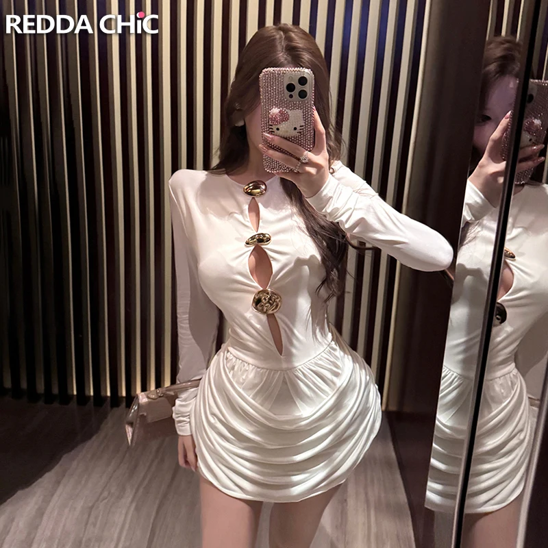 

Женское облегающее мини-платье ReddaChic с длинным рукавом, драпировкой, металлическими аппликациями, круглым вырезом и сборками, для ночного клуба