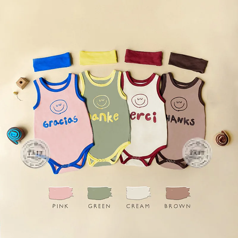 Cute Newborn Baby Bodysuit with Headband Summer Vest Onesie Infant Smiley Letter Pattern Romper Cotton Baby Clothes for Girl Boy