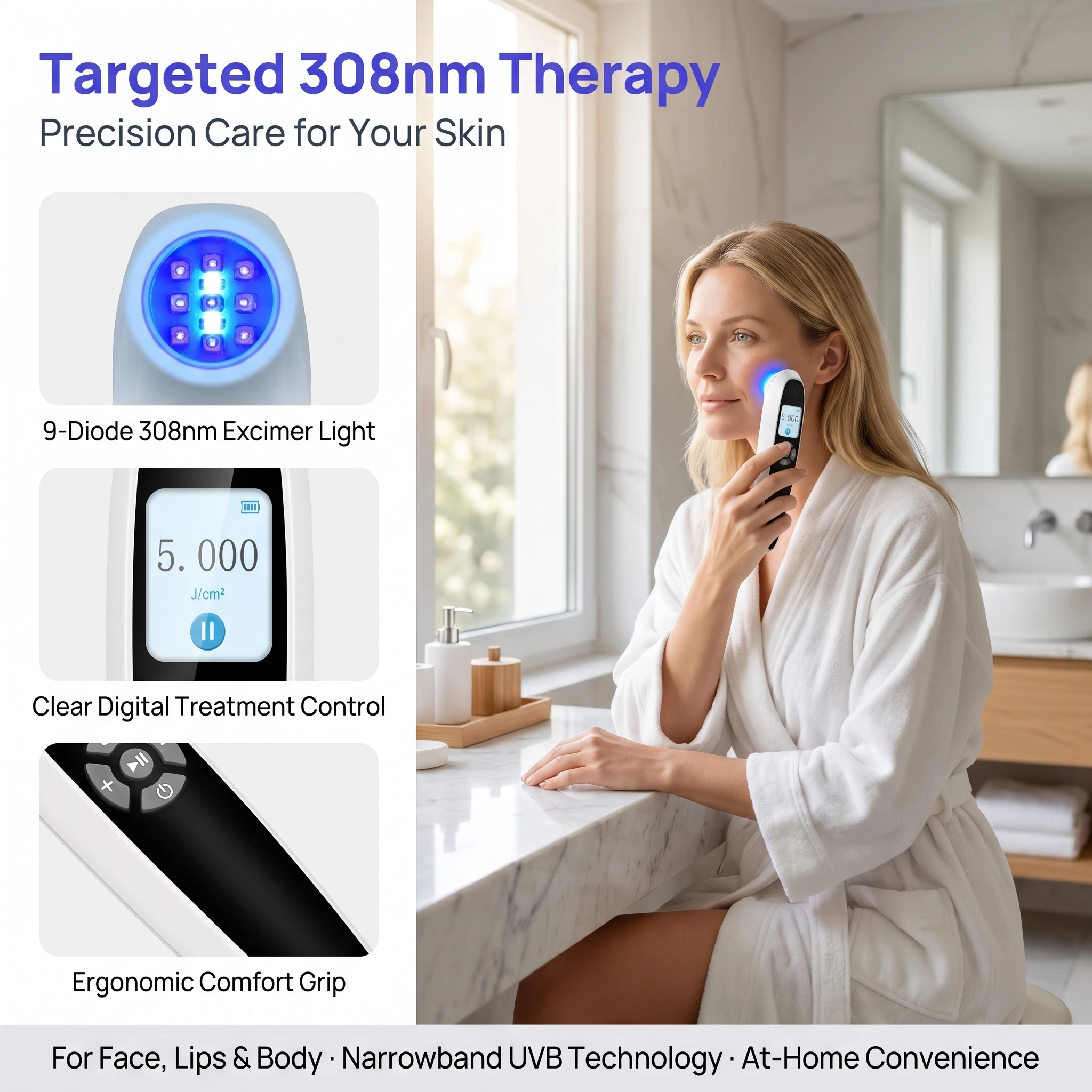 Toponechoice 308nm Narrowband UVB Laser Therapy for Face Lips Throat White Spots Little White Dots Skin Treatment