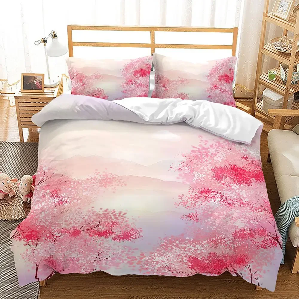 Cherry Blossoms Duvet Cover King/Queen Size,Japanese Sakura Tree Pink Floral Spring Vintage Cultural Bedding Set for Women Girls